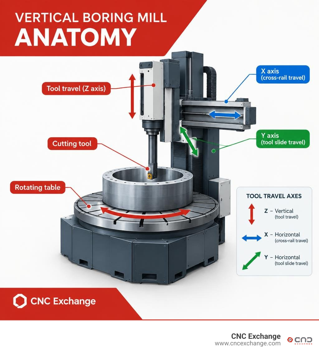 vertical boring mill anatomy showing rotating table, cutting tool, and tool travel axes infographic