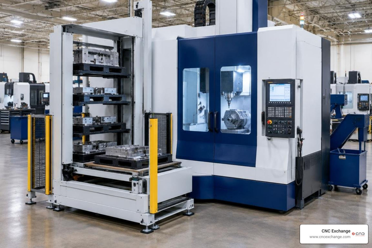 YCM CX-4 5-axis machining center integrated with an automated pallet handling cell YCM CX-4 5-axis machining center integrated with an automated pallet handling cell