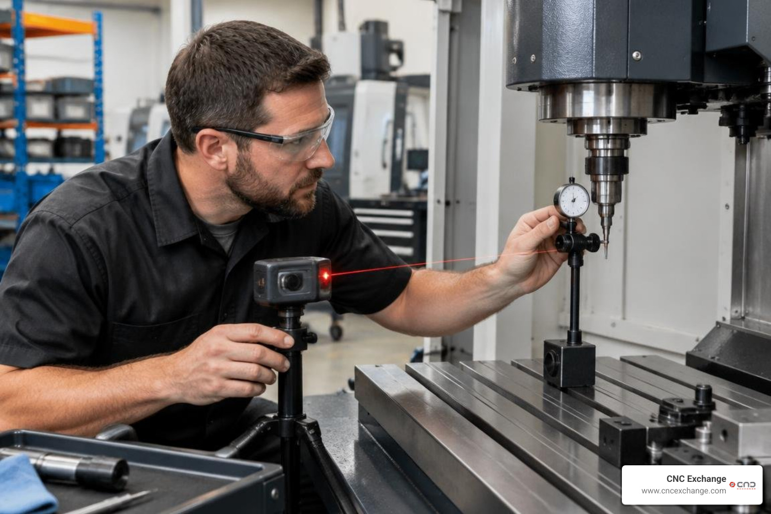 Certified CNC technician performing laser alignment and spindle runout checks Certified CNC technician performing laser alignment and spindle runout checks