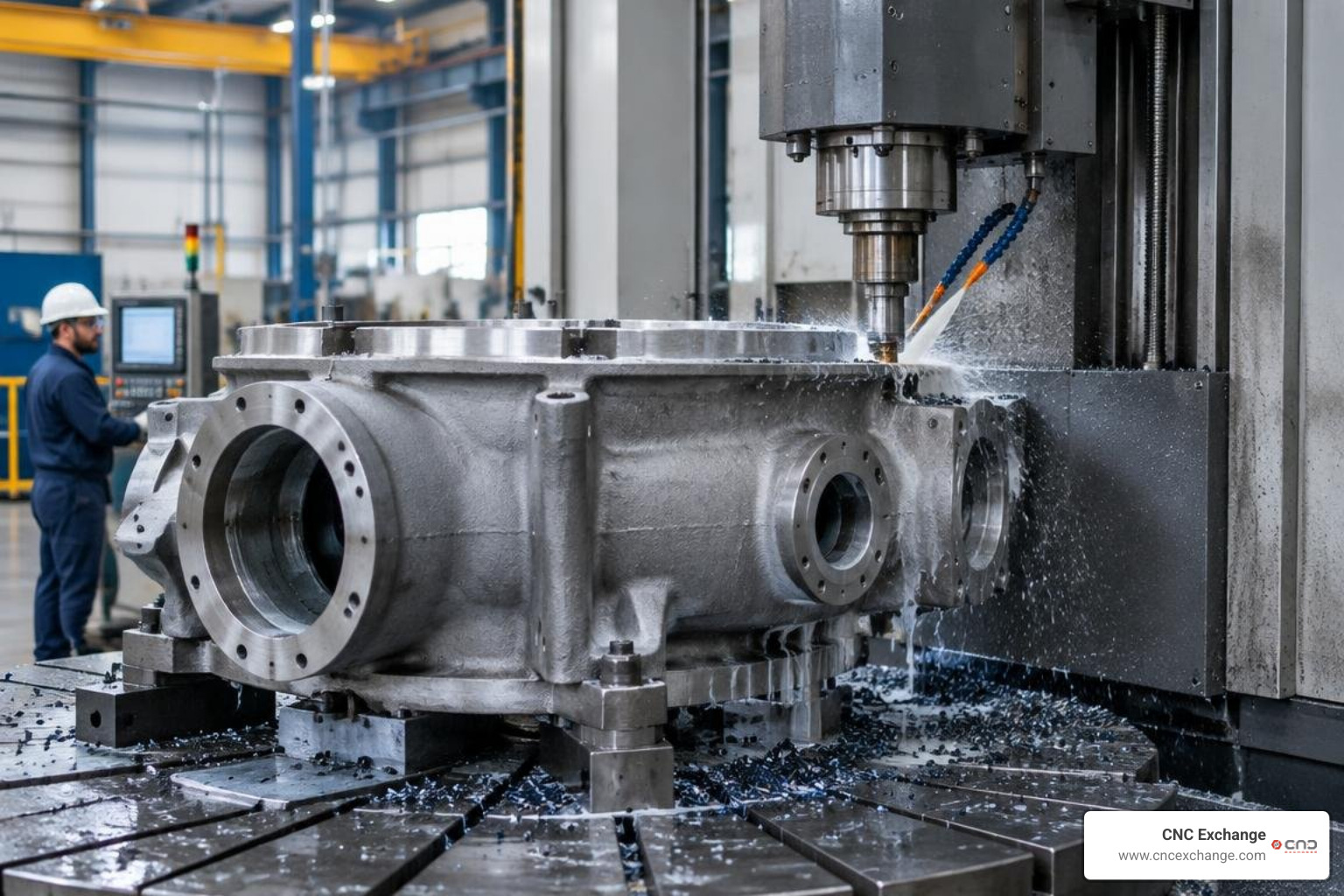 large power generation turbine housing being machined on a heavy vertical boring mill