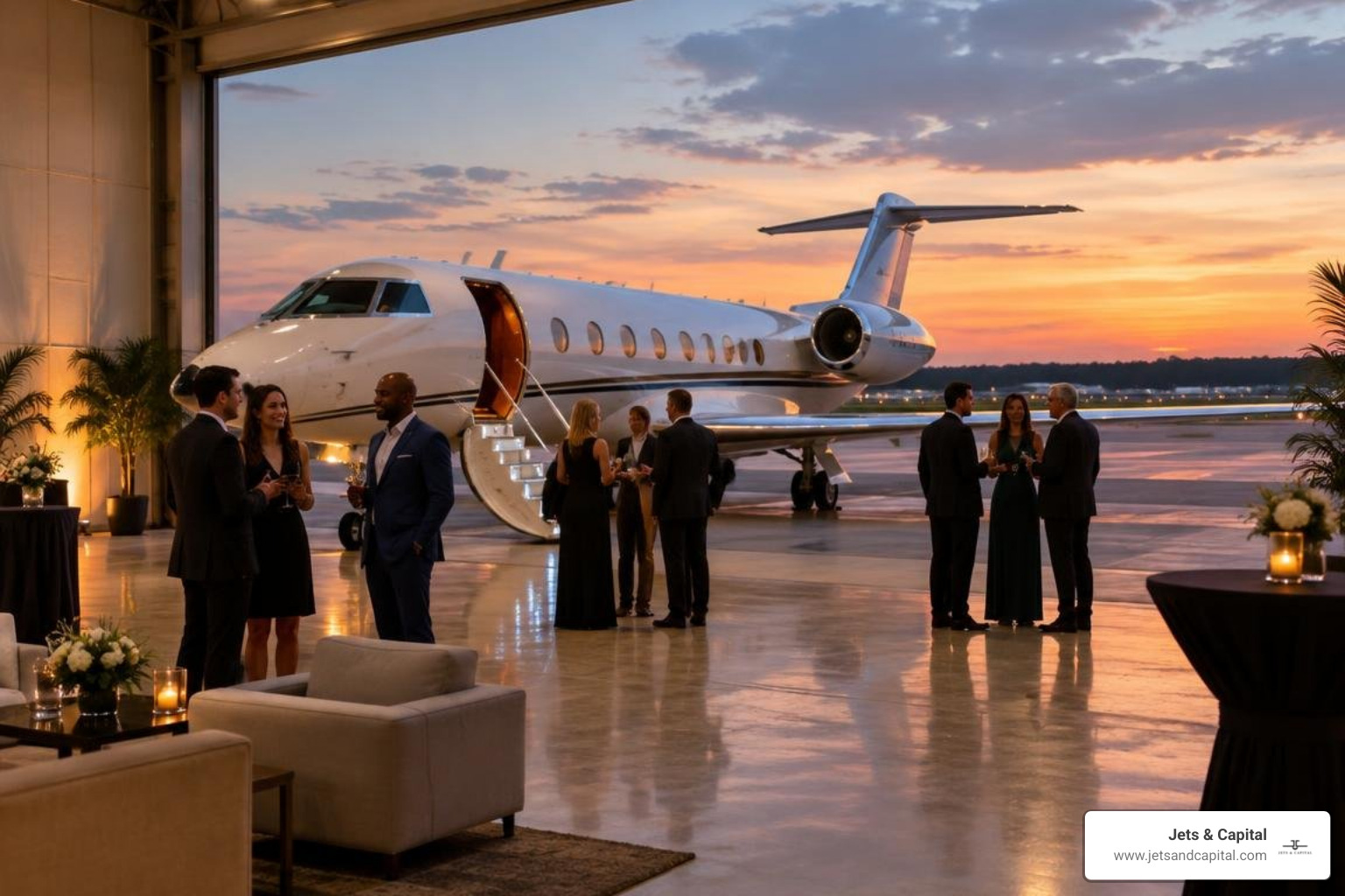 Intimate hangar reception with private aircraft Intimate hangar reception with private aircraft