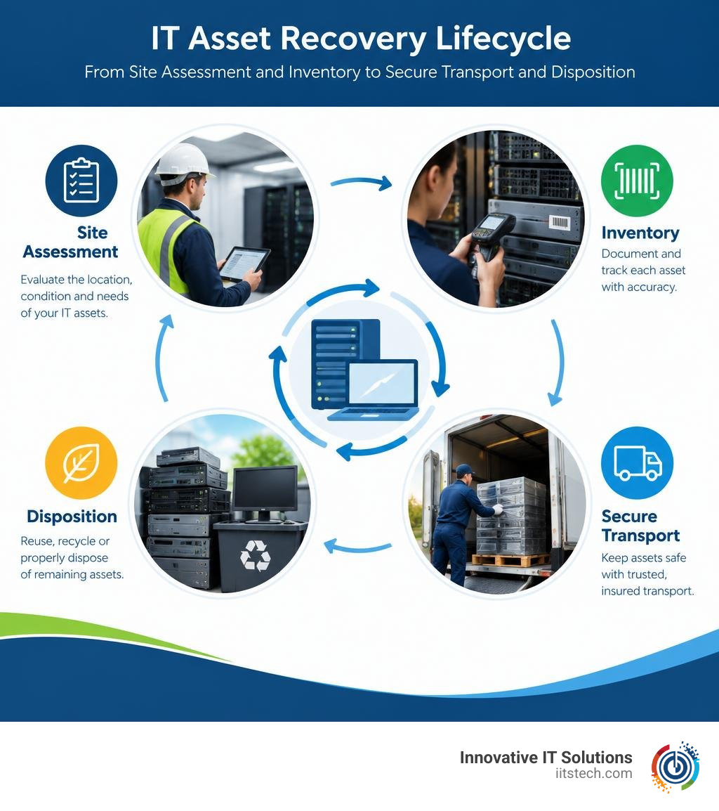 IT asset recovery lifecycle from site assessment and inventory to secure transport and disposition infographic IT asset recovery lifecycle from site assessment and inventory to secure transport and disposition infographic