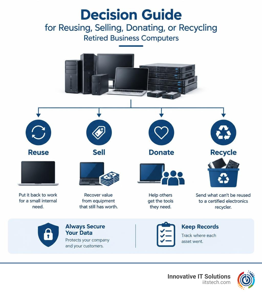 Decision guide for reusing, selling, donating, or recycling retired business computers infographic