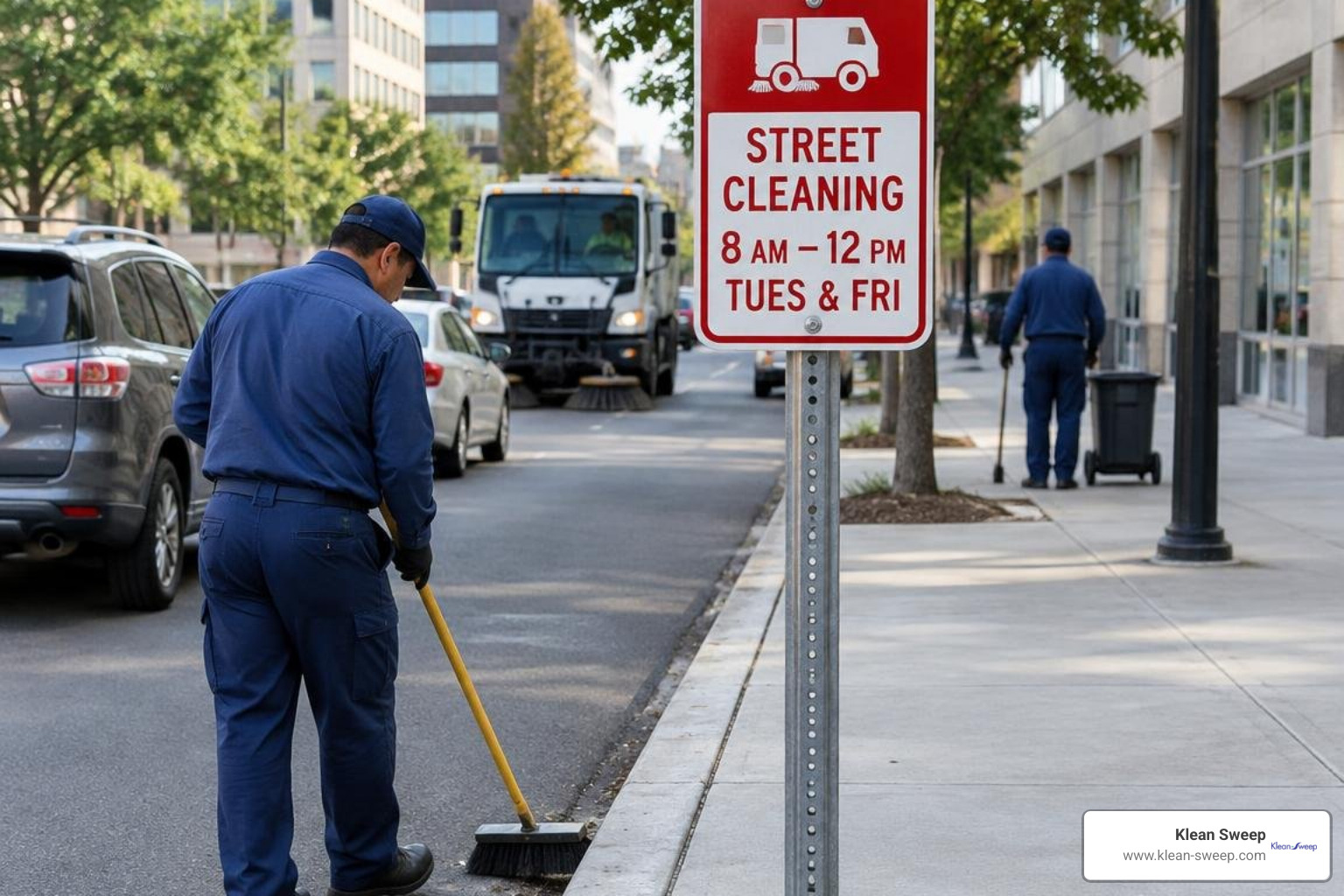 Commercial street cleaning warning sign near parking infrastructure Commercial street cleaning warning sign near parking infrastructure
