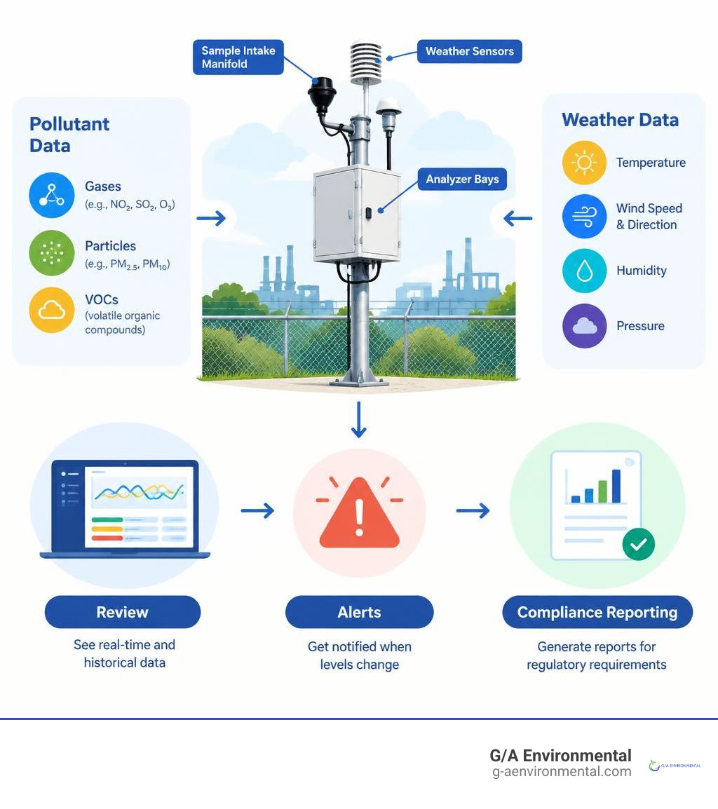 How outdoor sensors collect pollutant and weather data for review, alerts, and compliance reporting infographic How outdoor sensors collect pollutant and weather data for review, alerts, and compliance reporting infographic