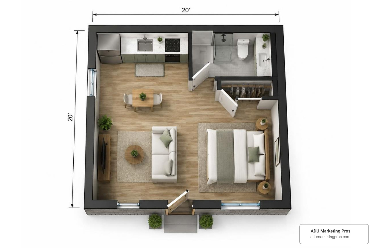 Detailed floor plan layout for a 400 square foot detached garage conversion Detailed floor plan layout for a 400 square foot detached garage conversion