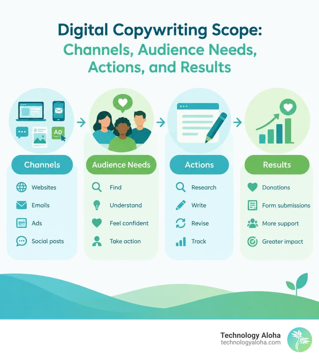 Digital copywriting scope: channels, audience needs, actions, and results; teal and green infographic