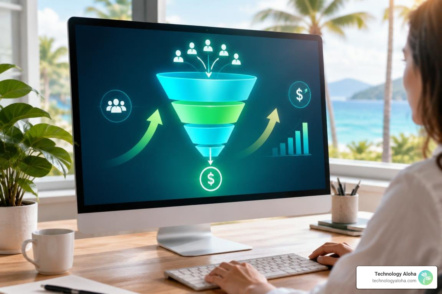 Website conversion funnel showing copy-driven revenue metrics and lead pipeline
