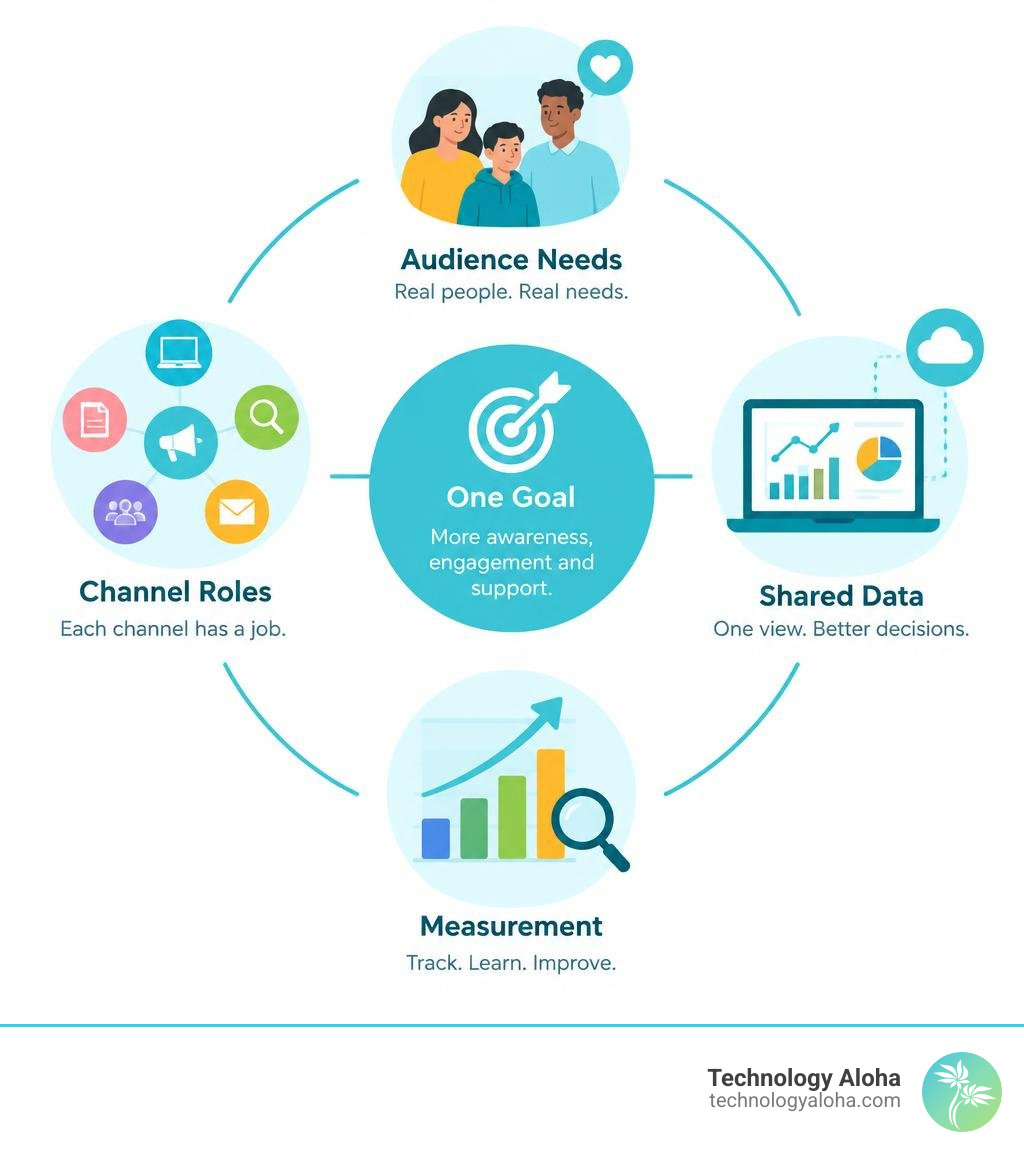 Infographic of an integrated marketing plan showing one goal, audience needs, channel roles, shared data, and measurement Infographic of an integrated marketing plan showing one goal, audience needs, channel roles, shared data, and measurement