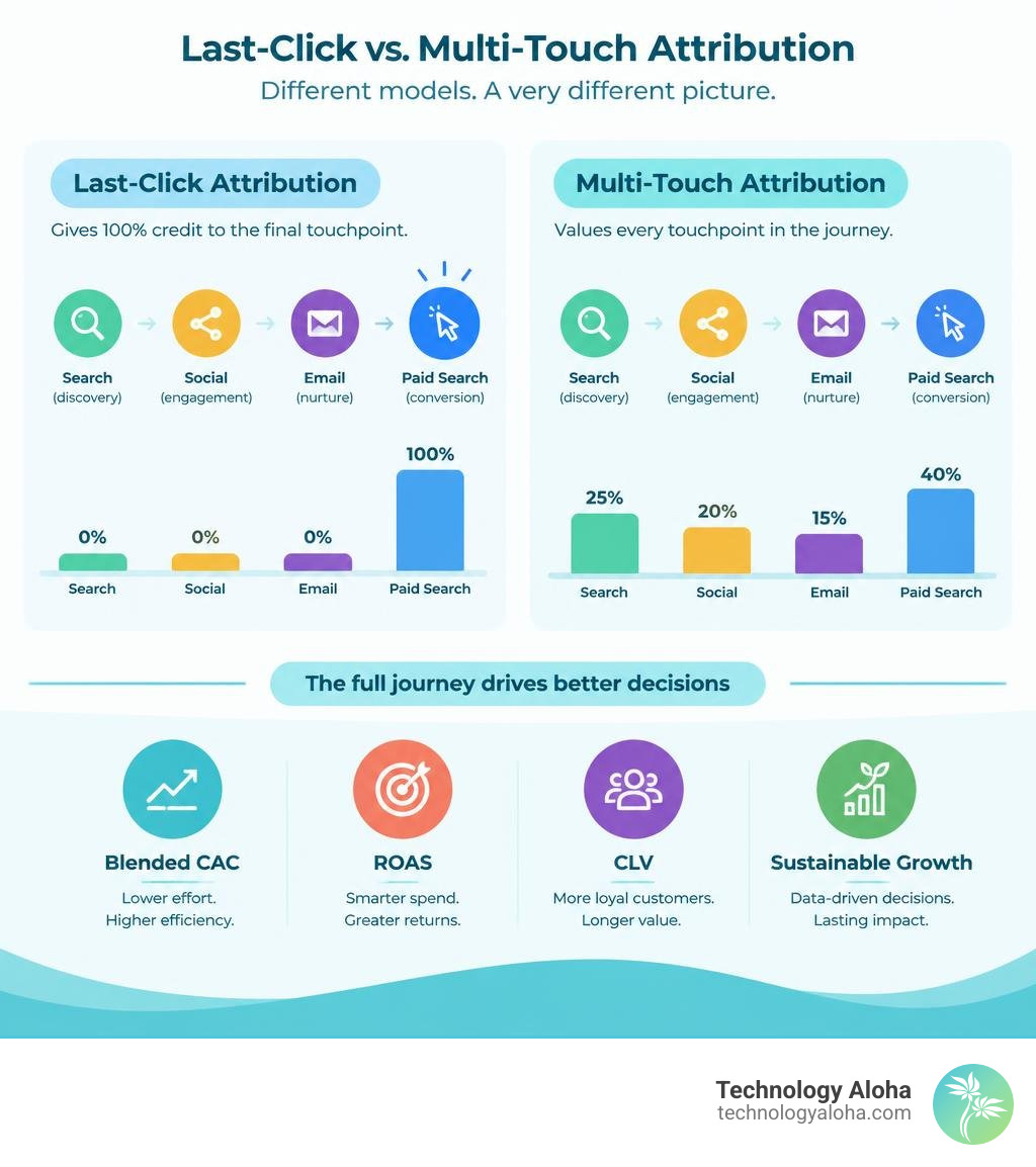 Infographic comparing last-click attribution models to balanced multi-touch attribution frameworks infographic Infographic comparing last-click attribution models to balanced multi-touch attribution frameworks infographic