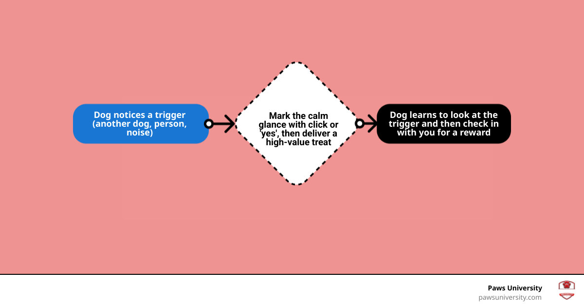 LAT game: start at a calm distance, mark a glance at the trigger, reward, and move away if stress rises infographic