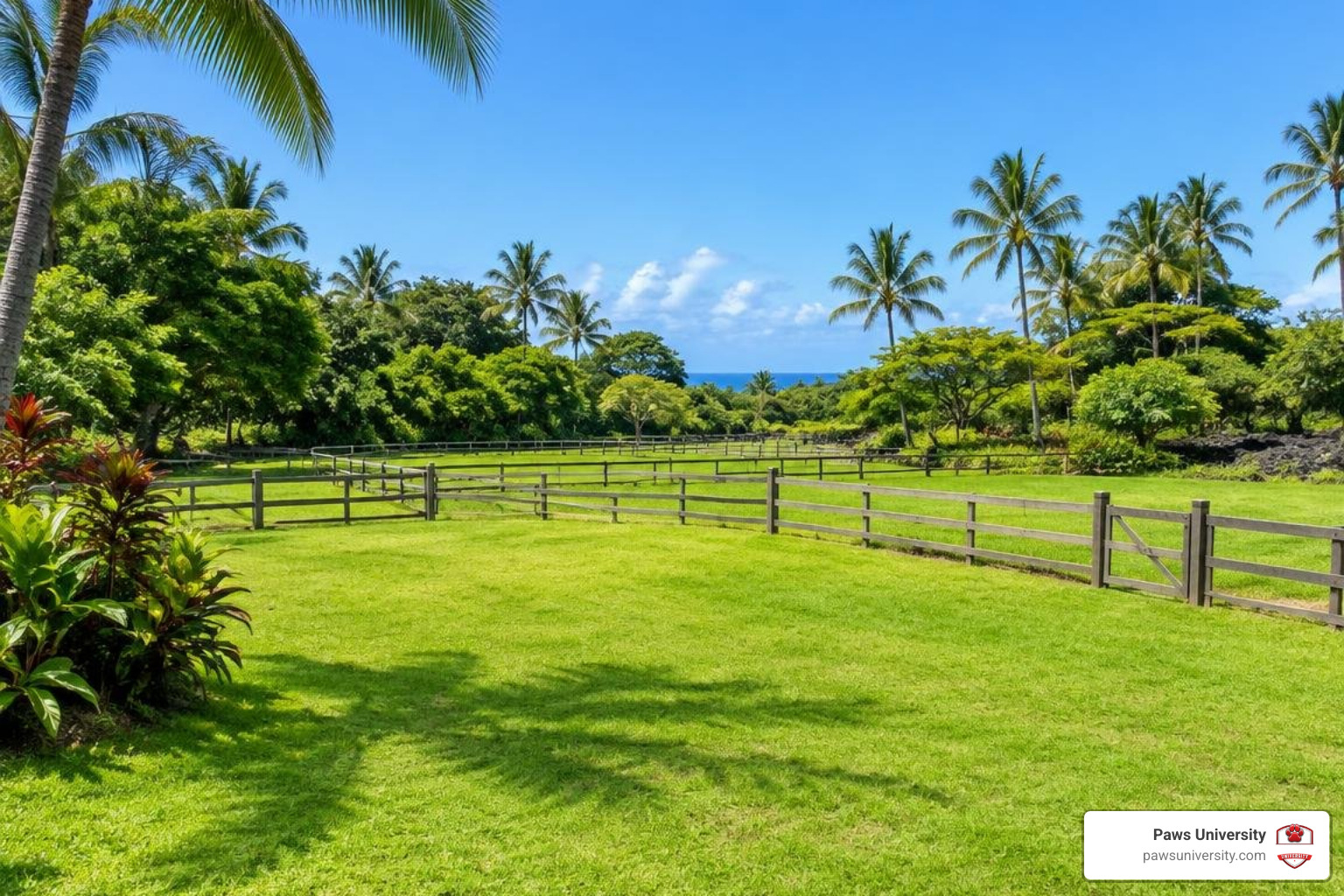Paws University grassy paddocks surrounded by lush tropical trees under clear island skies