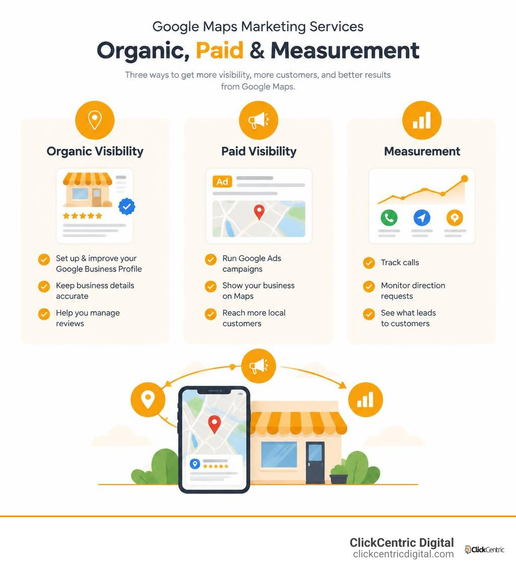 Comparison of organic, paid, and measurement services for Google Maps marketing infographic