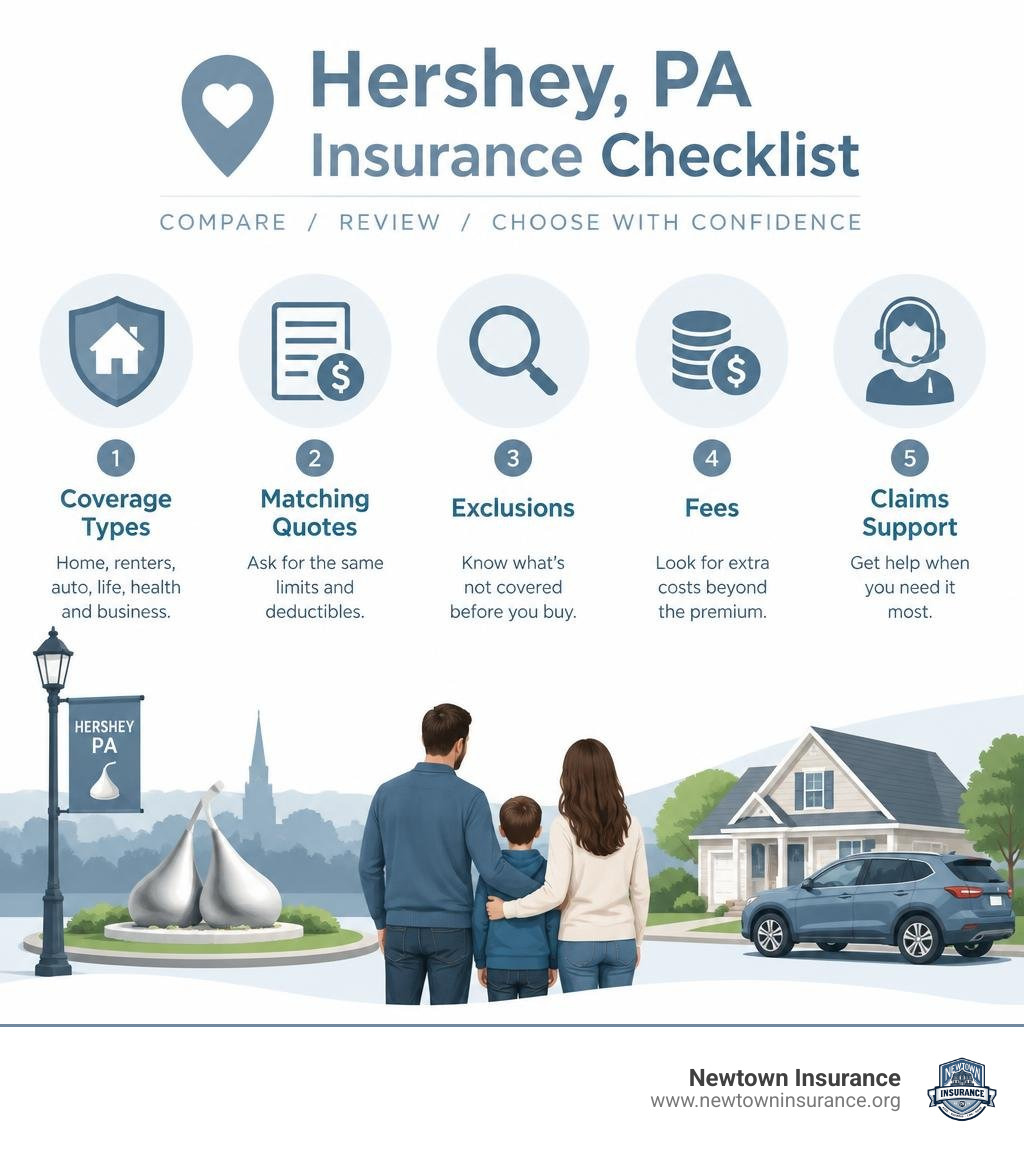 Hershey PA insurance checklist: coverage types, matching quotes, exclusions, fees, and claims support infographic Hershey PA insurance checklist: coverage types, matching quotes, exclusions, fees, and claims support infographic