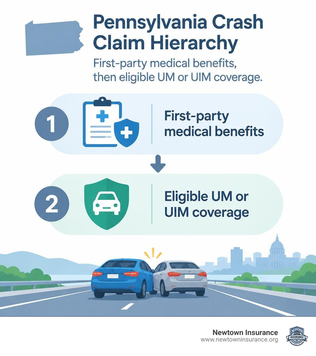 Pennsylvania crash claim hierarchy: first-party medical benefits, then eligible UM or UIM coverage infographic