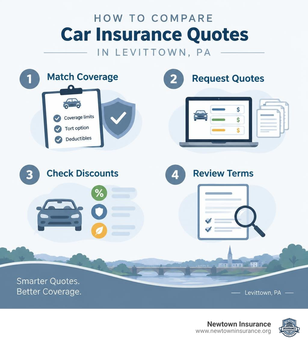 Steps to compare Levittown car insurance quotes: match coverage, request quotes, check discounts, review terms infographic