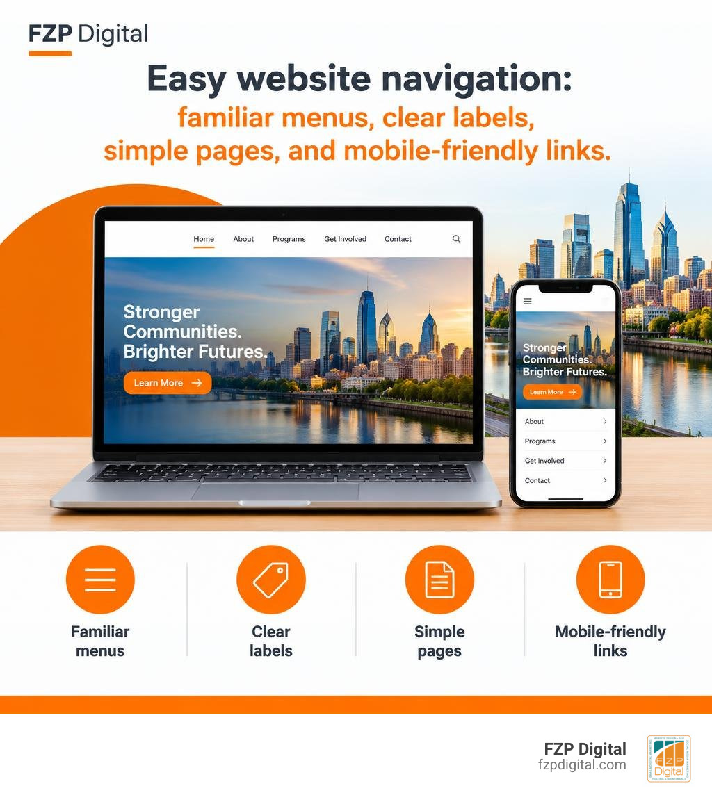 Easy website navigation: familiar menus, clear labels, simple pages, and mobile-friendly links infographic