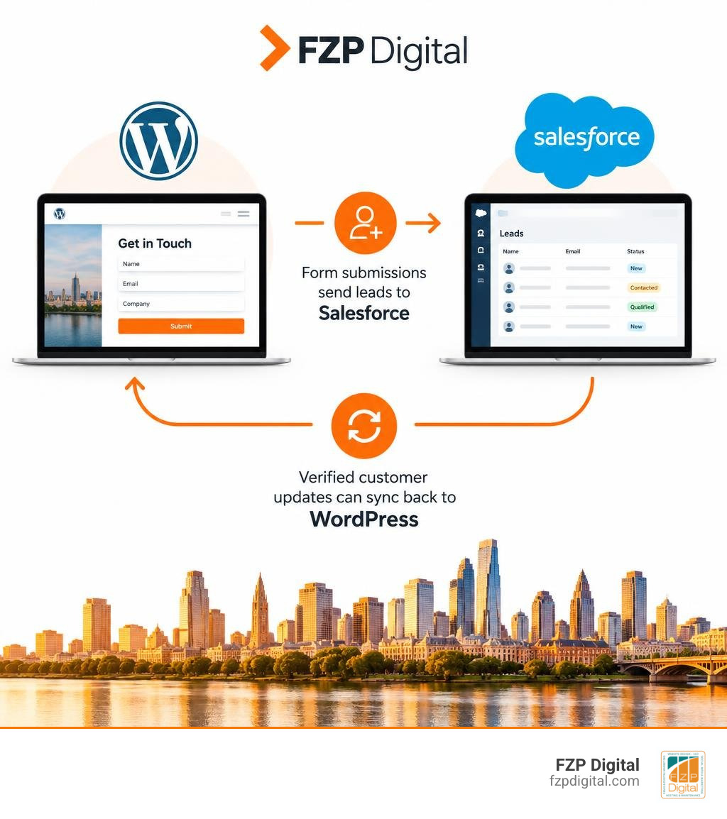 WordPress forms send leads to Salesforce; verified customer updates can sync back to WordPress infographic