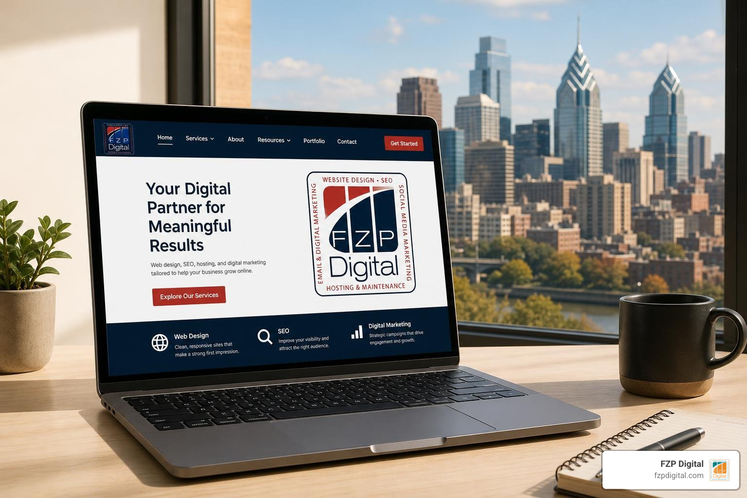 Photorealistic laptop with simple website navigation, FZP Digital logo, Philadelphia skyline, no people