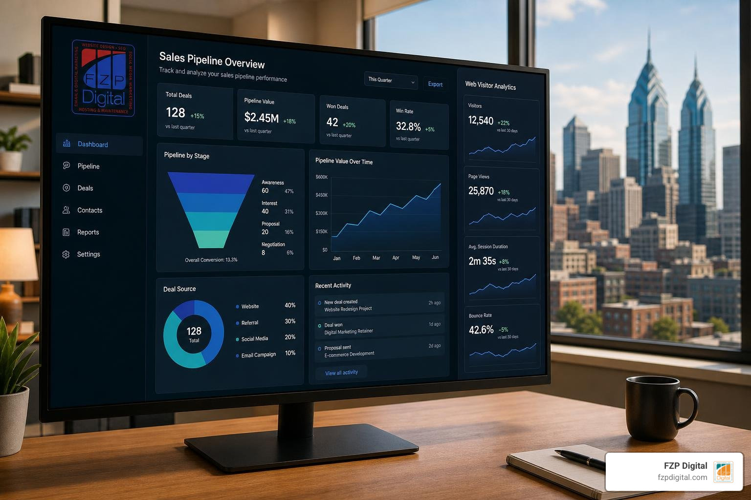 Real-time sales pipeline and web visitor analytics with FZP Digital branding and Philadelphia backdrop Real-time sales pipeline and web visitor analytics with FZP Digital branding and Philadelphia backdrop