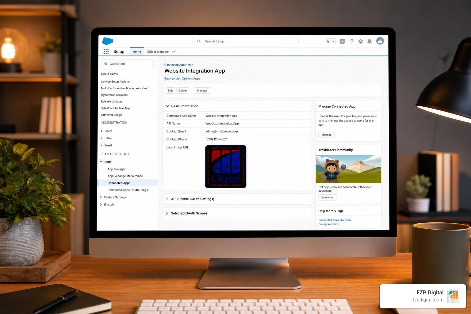 Salesforce Connected App OAuth configuration screen with modern UI settings and FZP Digital logo Salesforce Connected App OAuth configuration screen with modern UI settings and FZP Digital logo