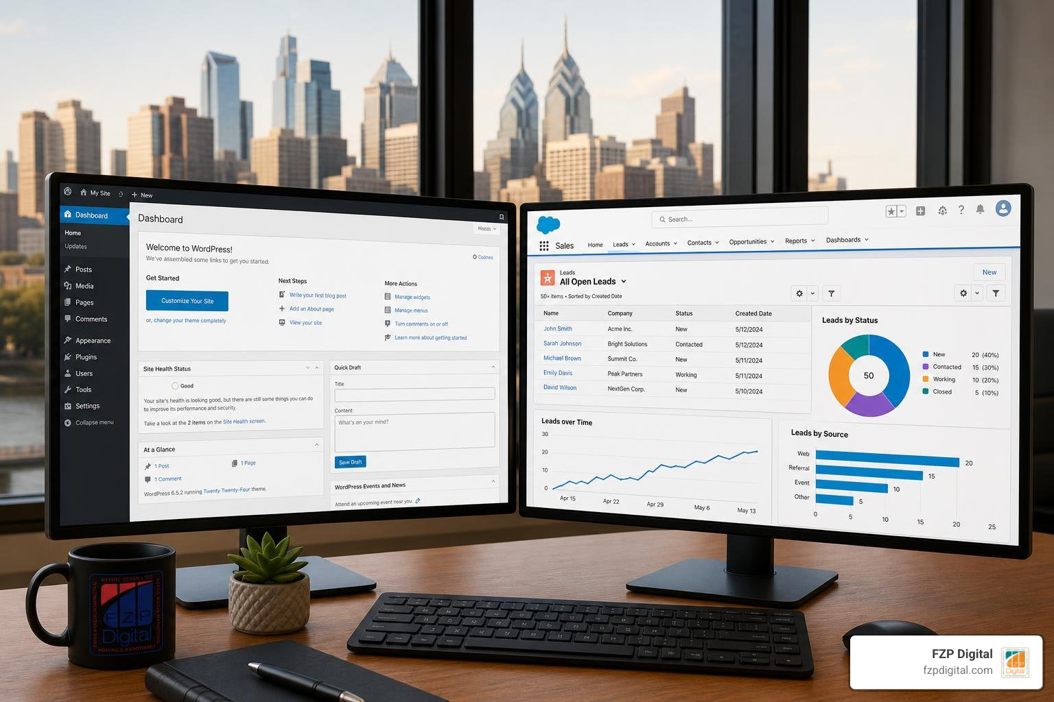 Photorealistic WordPress and Salesforce dashboards with lead data, FZP Digital logo, and Philadelphia skyline