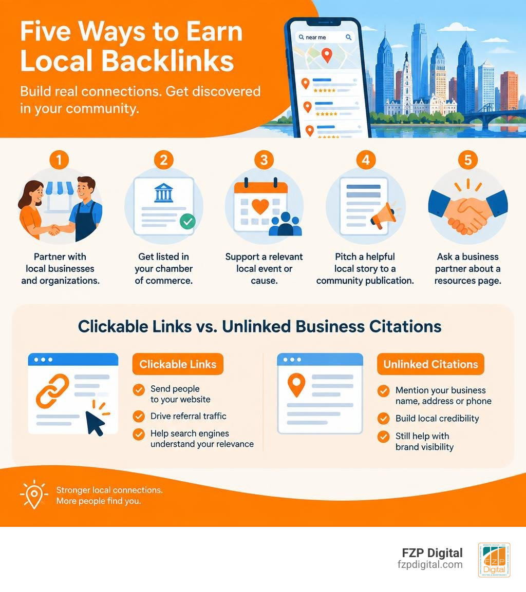 Five ways to earn local backlinks and how clickable links differ from unlinked business citations infographic Five ways to earn local backlinks and how clickable links differ from unlinked business citations infographic