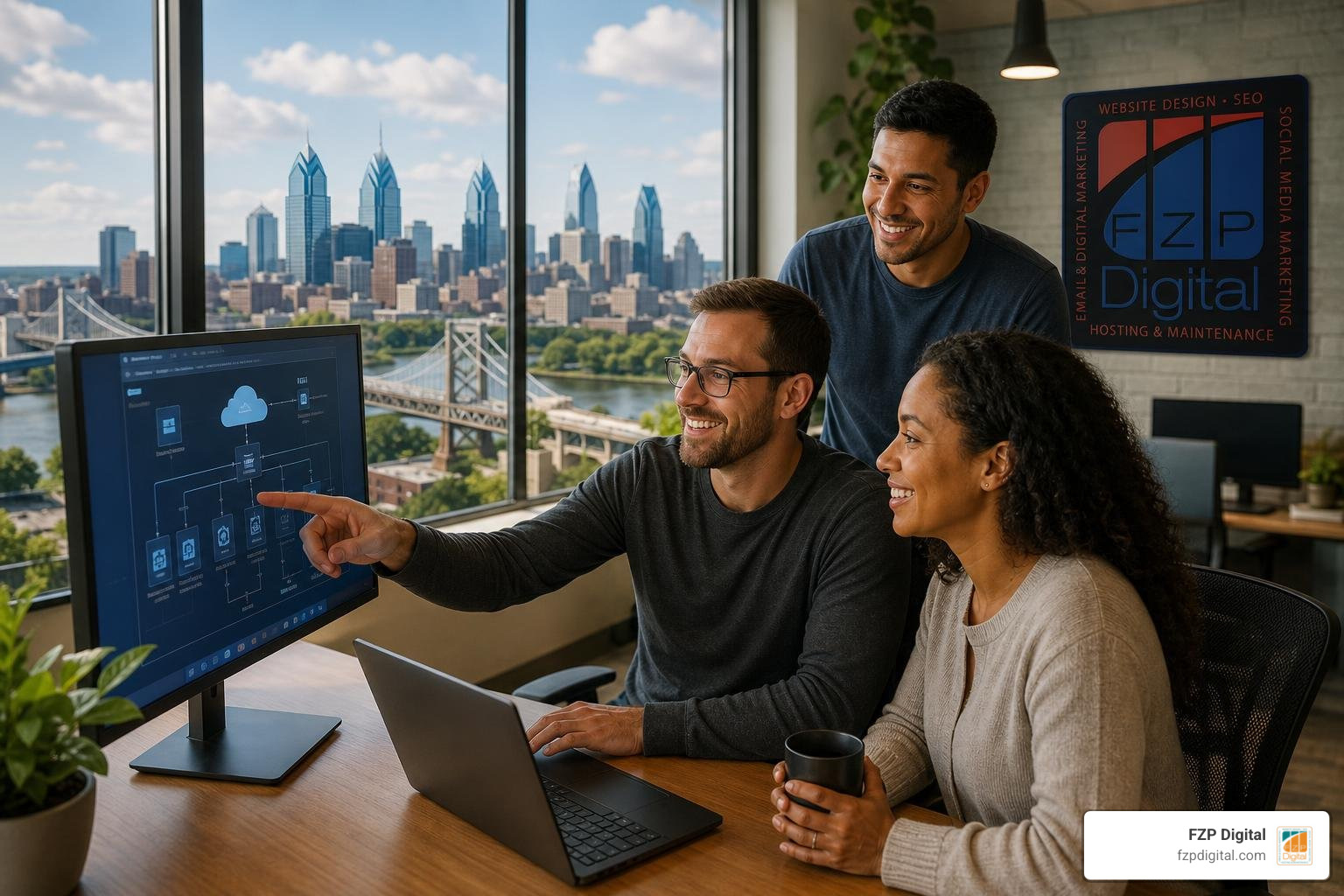 Approachable IT professionals reviewing secure cloud hosting architecture in a Philadelphia tech office Approachable IT professionals reviewing secure cloud hosting architecture in a Philadelphia tech office