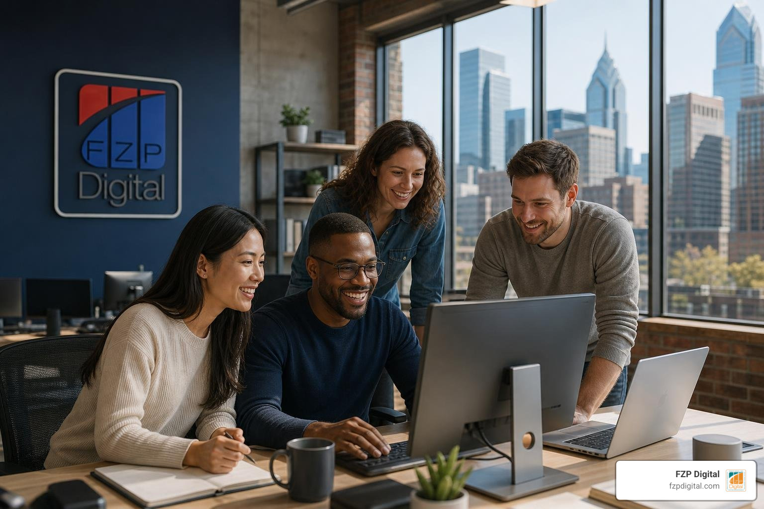 FZP Digital logo displayed in an open-concept Philadelphia office with a warm, friendly tech team collaborating