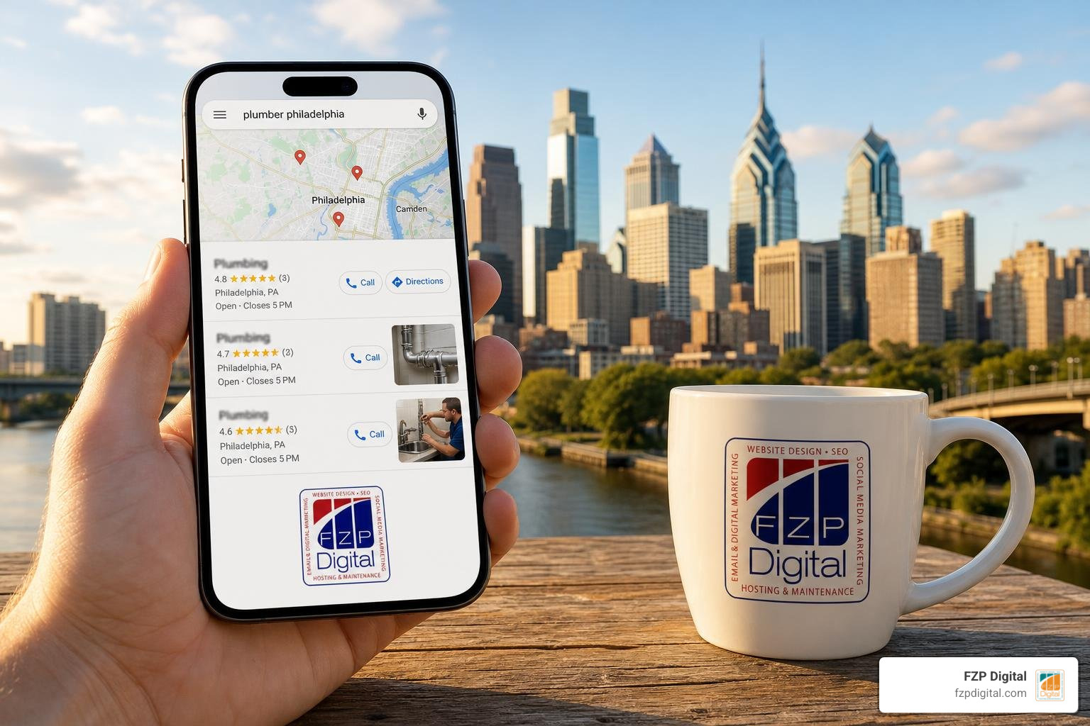 FZP Digital logo beside a phone showing Philadelphia local search results and the city skyline