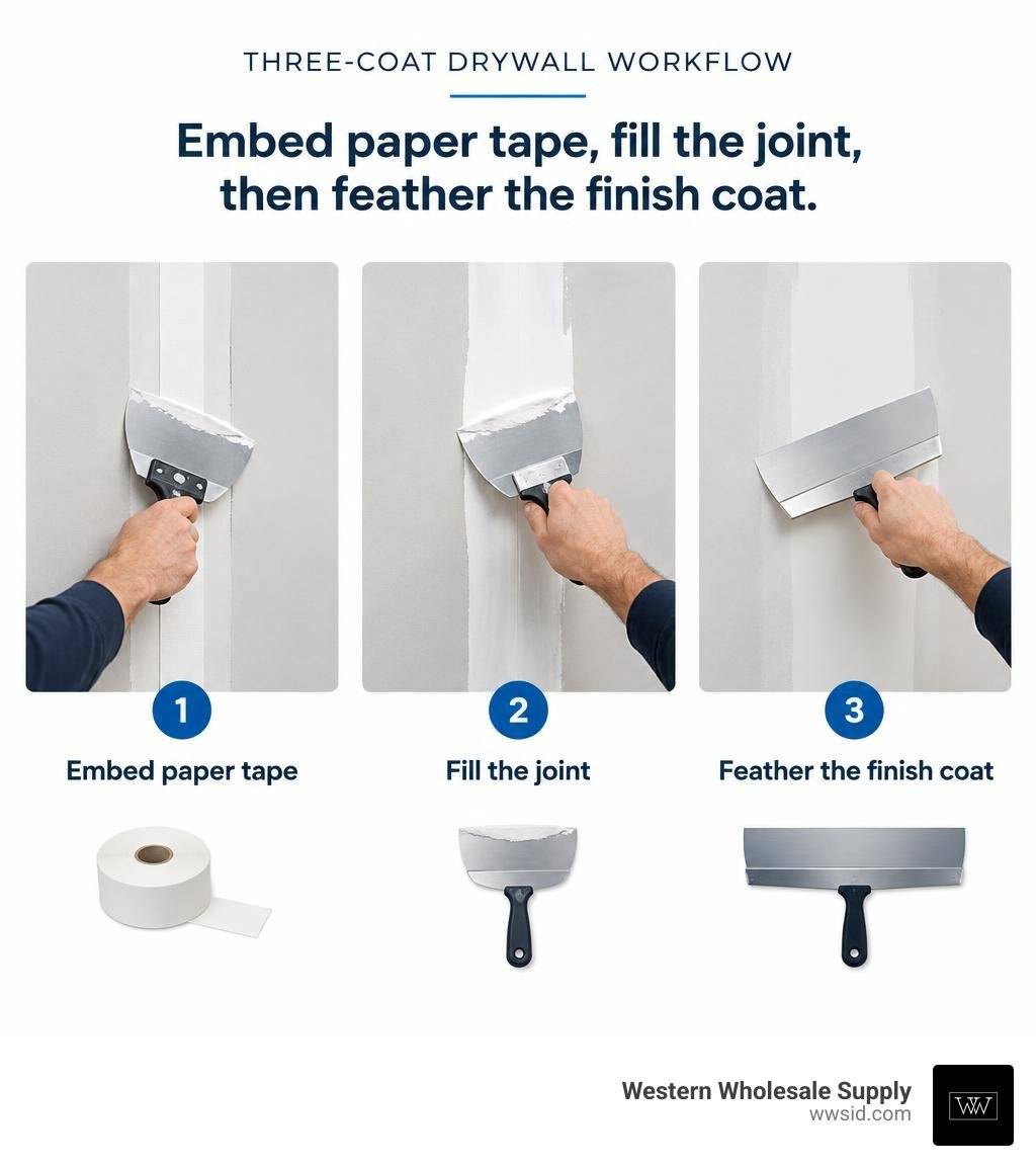 Three-coat drywall workflow: embed paper tape, fill the joint, then feather the finish coat infographic Three-coat drywall workflow: embed paper tape, fill the joint, then feather the finish coat infographic