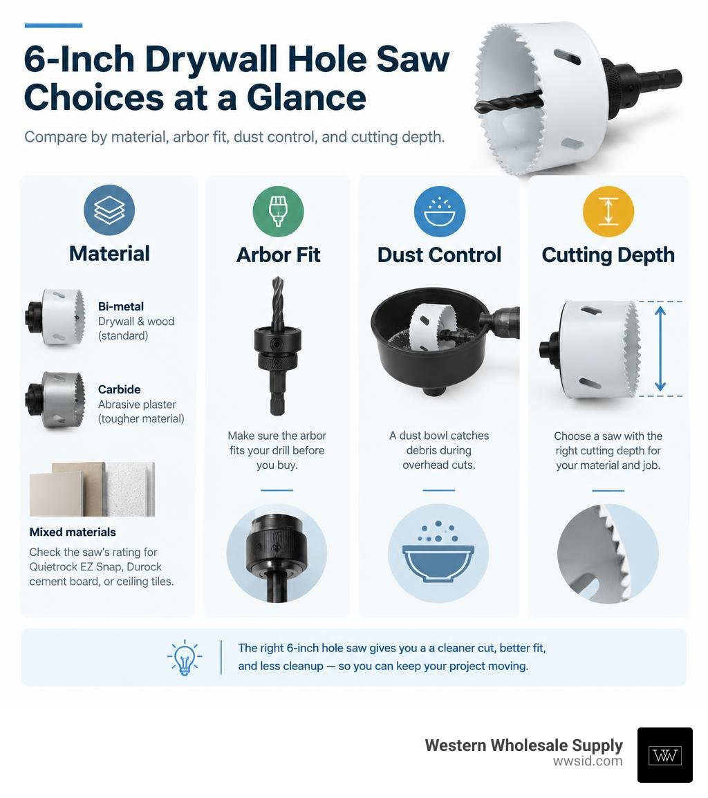 Comparison of drywall hole saw choices by material, arbor fit, dust control, and cutting depth infographic Comparison of drywall hole saw choices by material, arbor fit, dust control, and cutting depth infographic