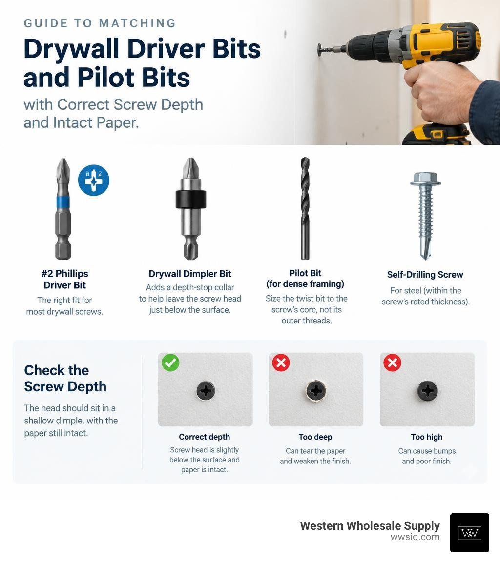 Guide to matching drywall driver bits and pilot bits, with correct screw depth and intact paper infographic Guide to matching drywall driver bits and pilot bits, with correct screw depth and intact paper infographic
