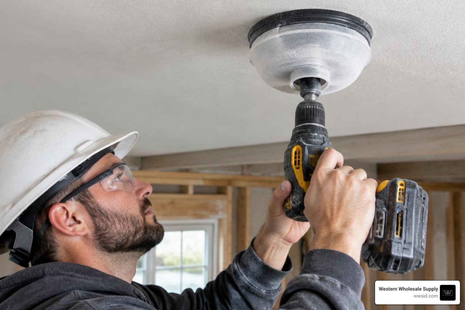Silicone dust bowl attachment collecting drywall dust during overhead drilling Silicone dust bowl attachment collecting drywall dust during overhead drilling