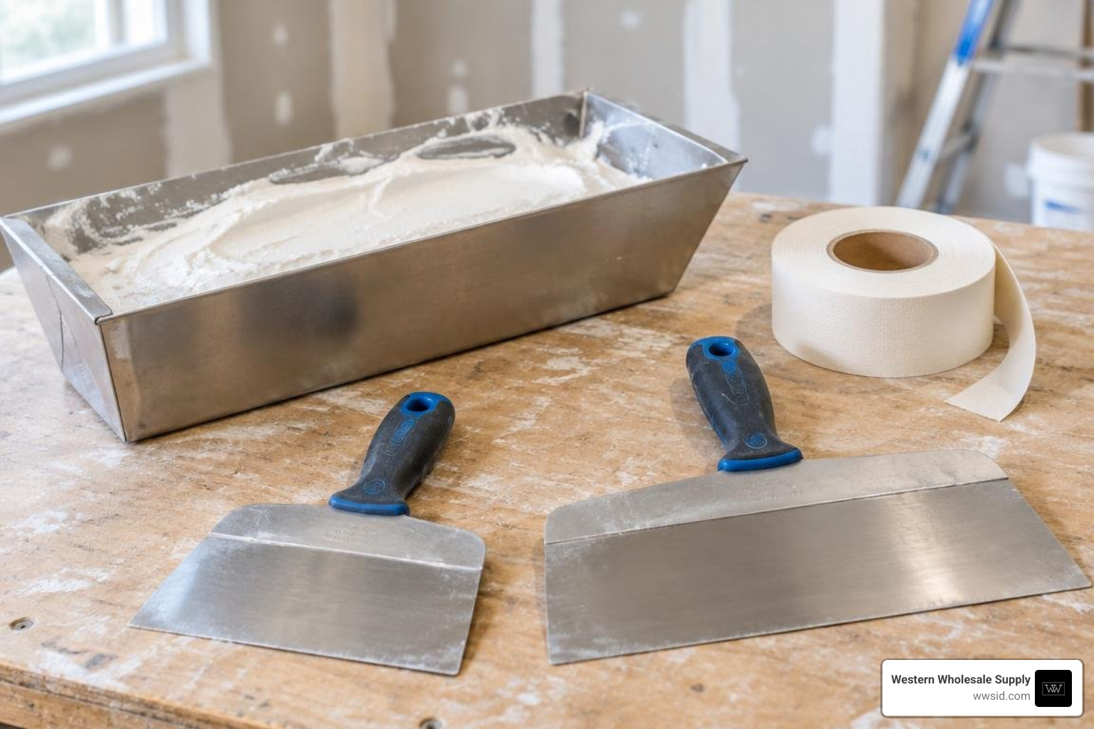 Essential drywall taping tools: mud pan, joint compound, and professional finishing knives Essential drywall taping tools: mud pan, joint compound, and professional finishing knives