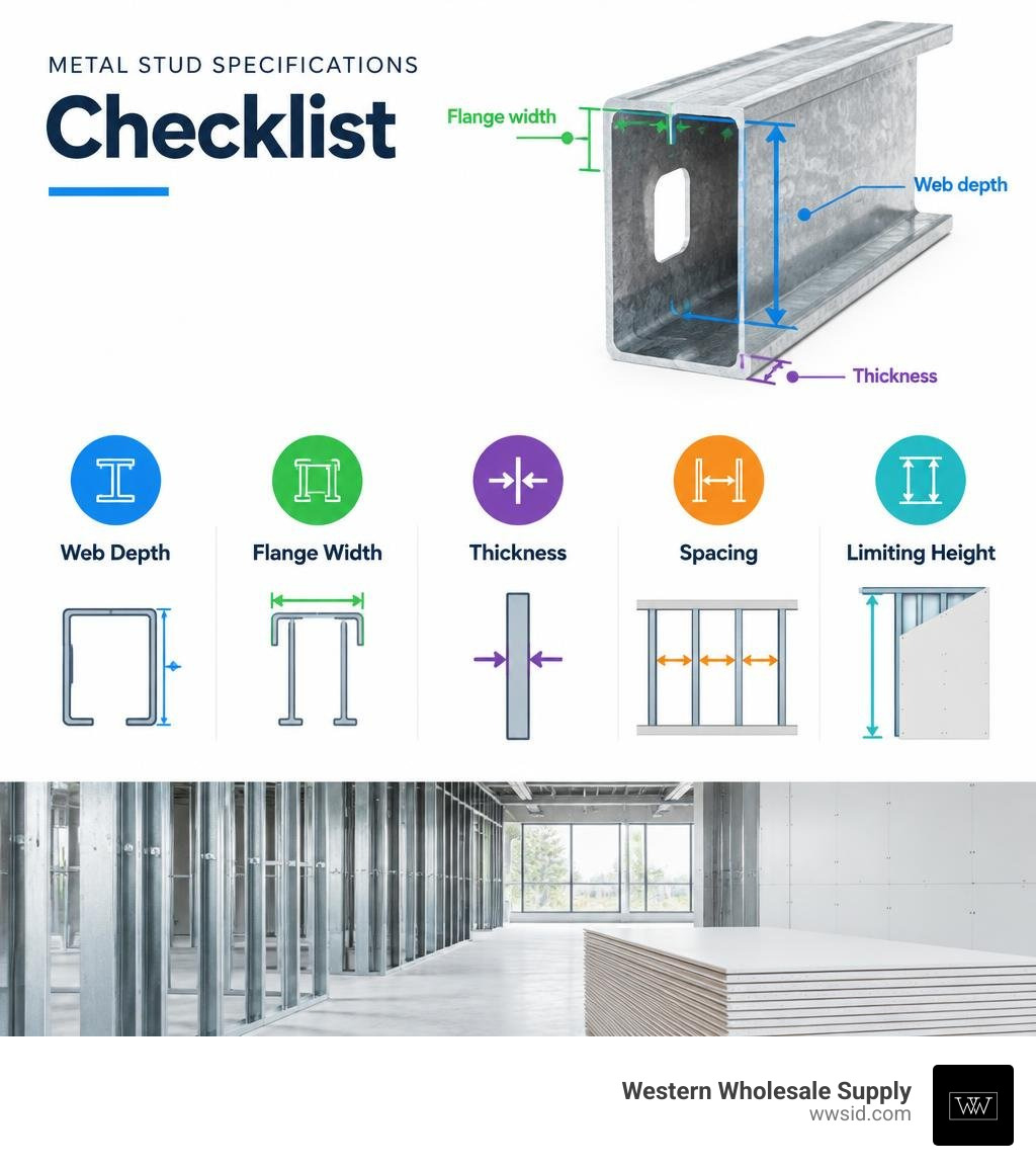Metal stud specification checklist showing web depth, flange width, thickness, spacing, and limiting height infographic Metal stud specification checklist showing web depth, flange width, thickness, spacing, and limiting height infographic
