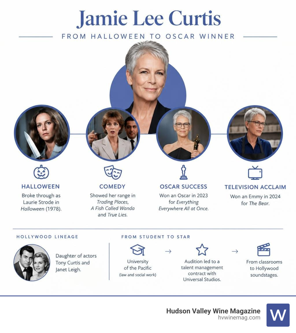 Jamie Lee Curtis career eras from Halloween to comedy, Oscar success, and television acclaim infographic Jamie Lee Curtis career eras from Halloween to comedy, Oscar success, and television acclaim infographic
