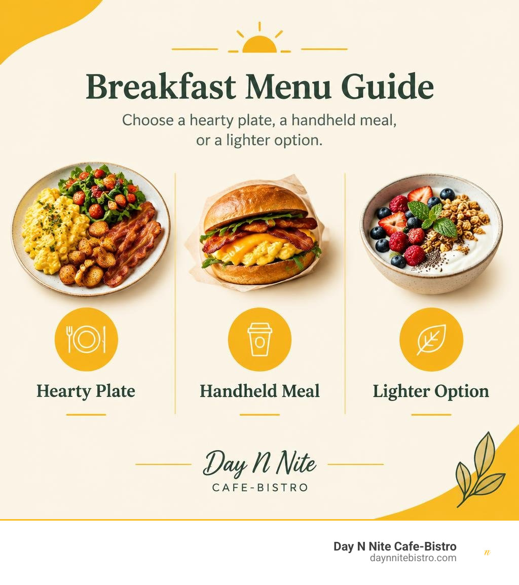 Breakfast menu guide: choose a hearty plate, a handheld meal, or a lighter option infographic