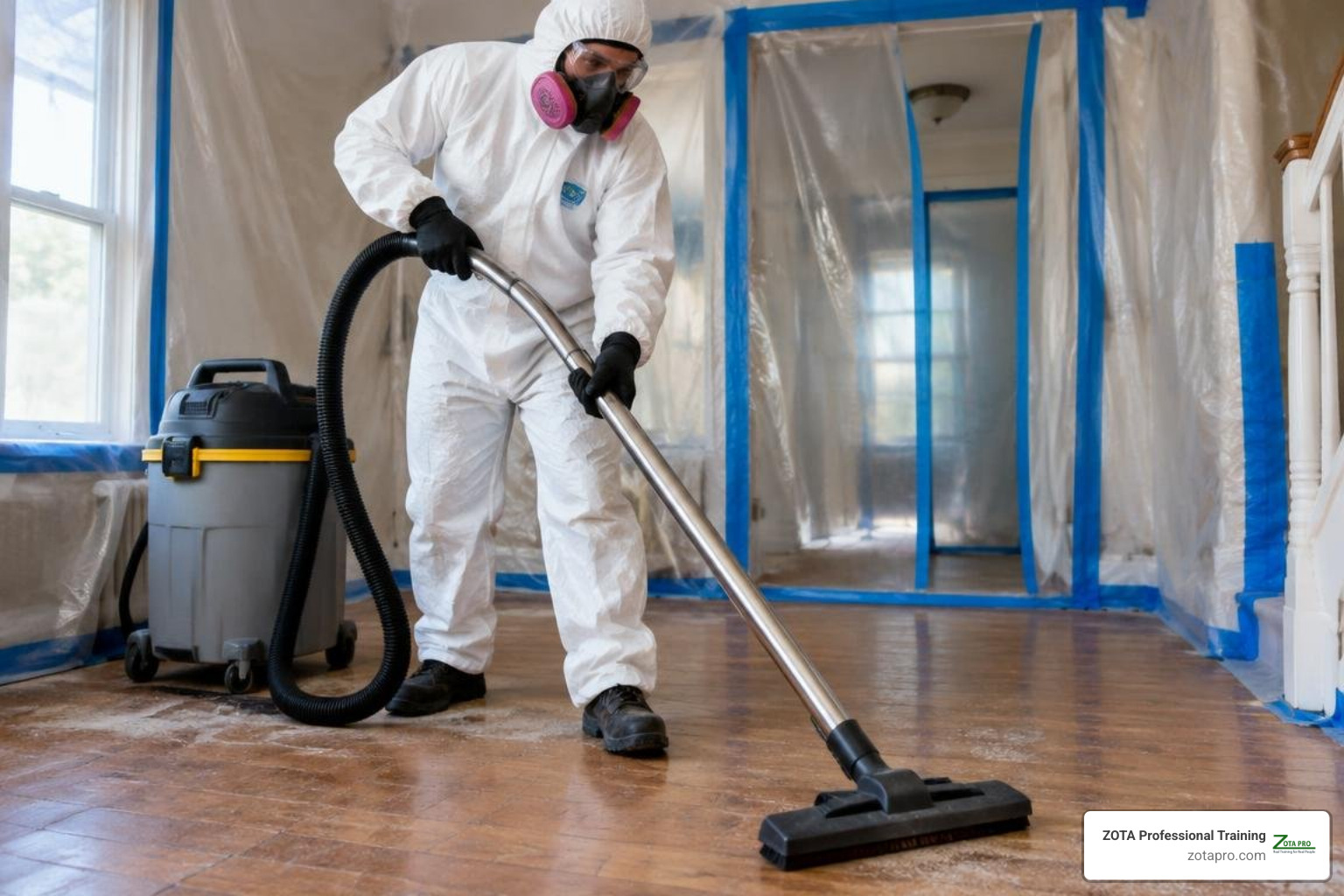 Contractor performing HEPA vacuuming with a beater bar attachment Contractor performing HEPA vacuuming with a beater bar attachment