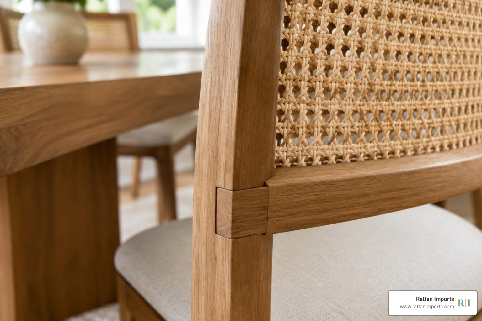 Close-up view of precision dining chair joinery and woven texture details Close-up view of precision dining chair joinery and woven texture details