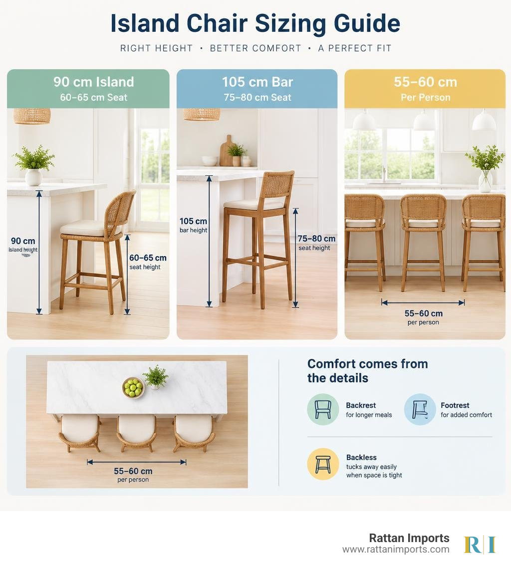 Island chair sizing guide: 90 cm island, 60-65 cm seat; 105 cm bar, 75-80 cm seat; 55-60 cm per person infographic Island chair sizing guide: 90 cm island, 60-65 cm seat; 105 cm bar, 75-80 cm seat; 55-60 cm per person infographic