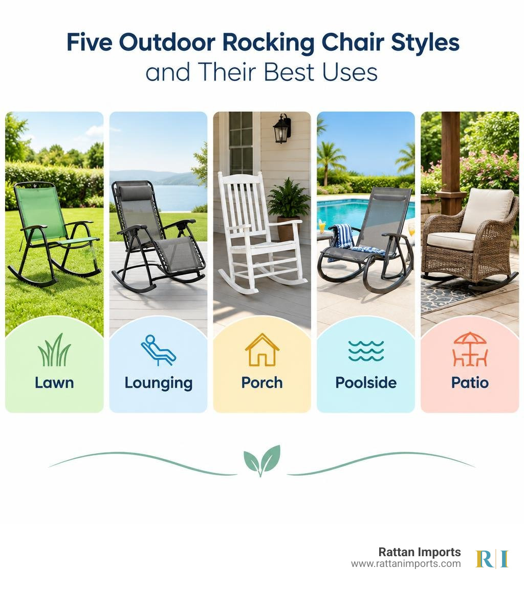 Five outdoor rocking chair styles and their best uses: lawn, lounging, porch, poolside, and patio infographic
