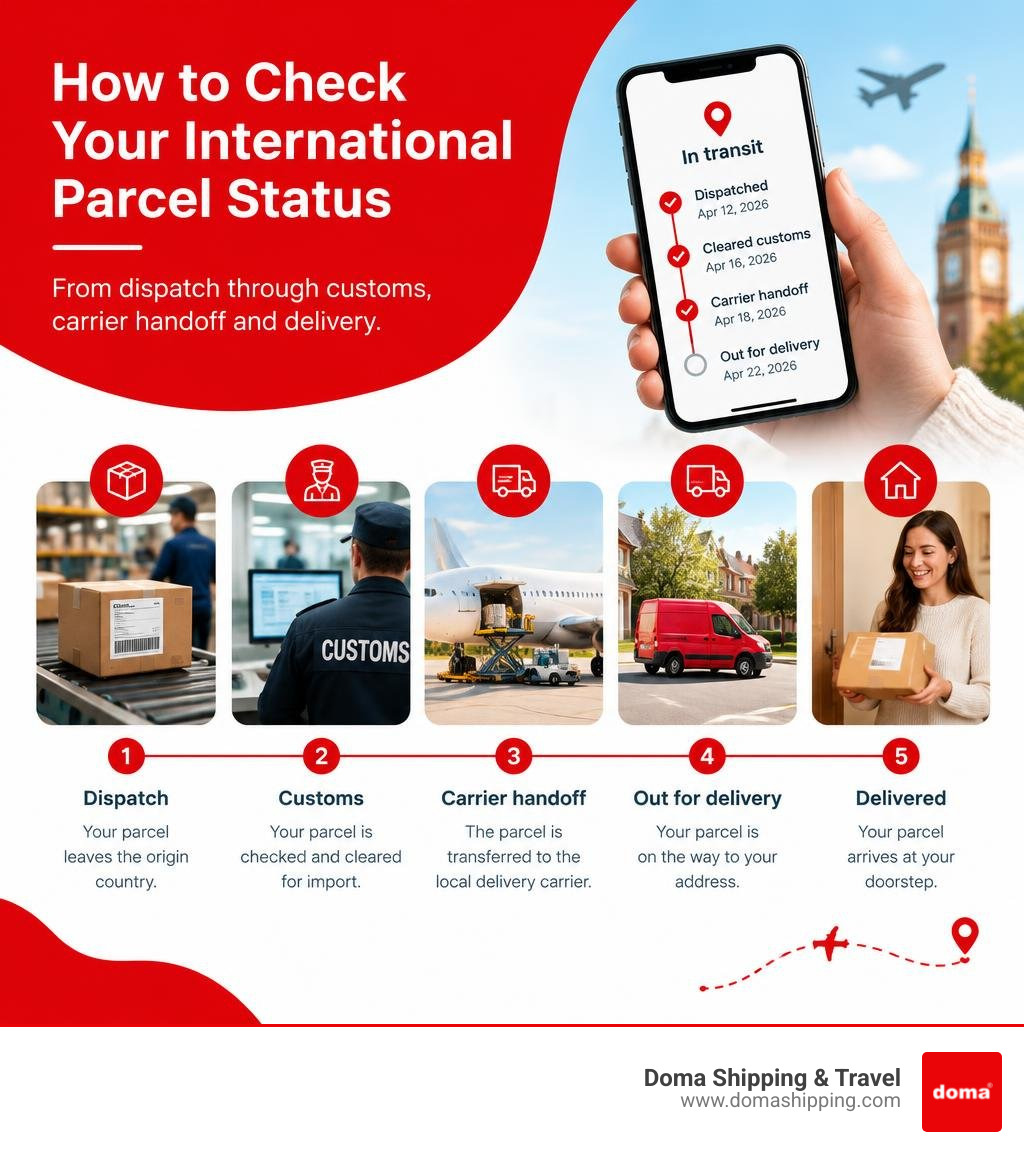 How to check parcel status from dispatch through customs, carrier handoff and delivery infographic