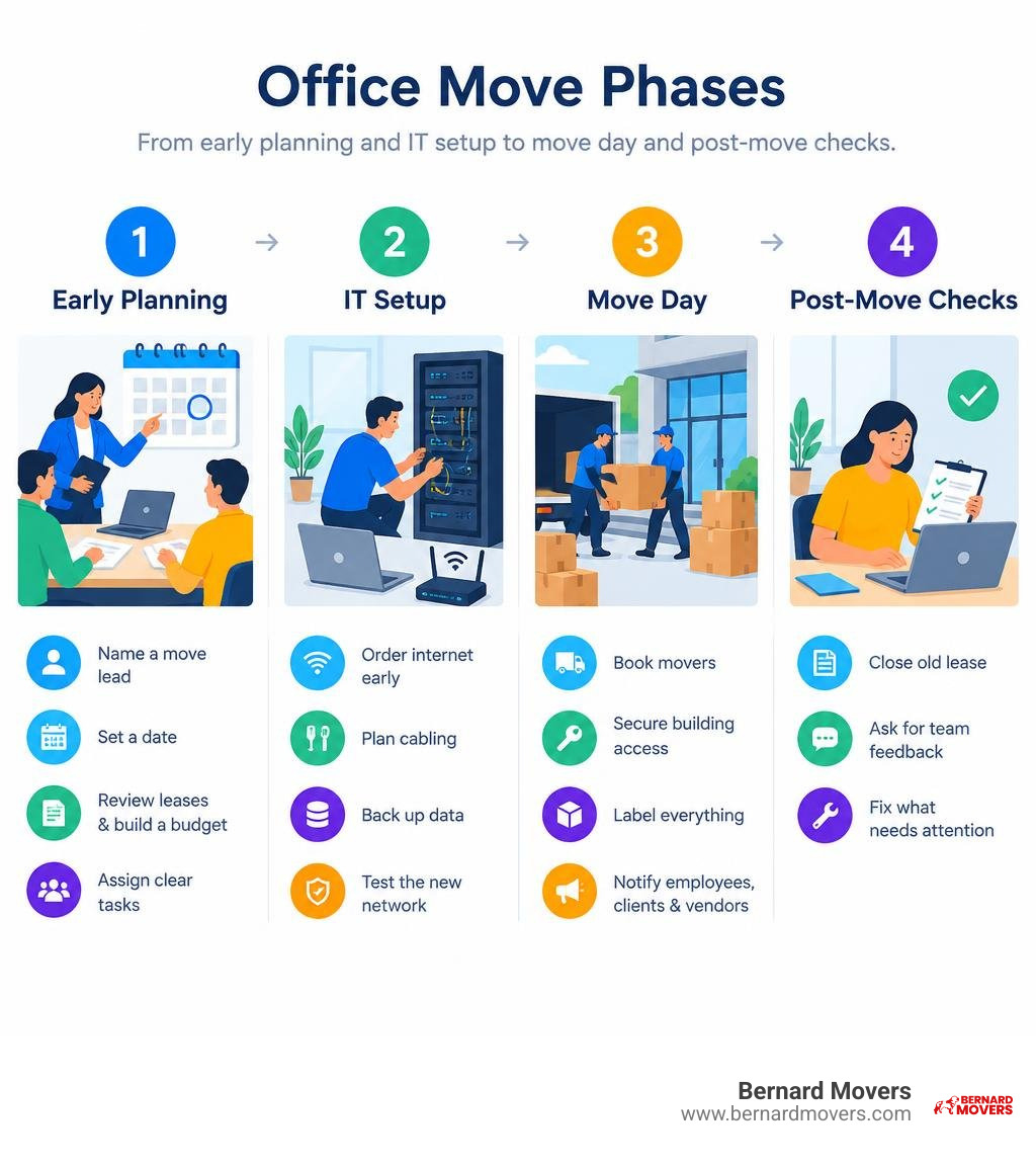 Office move phases from early planning and IT setup to move day and post-move checks infographic