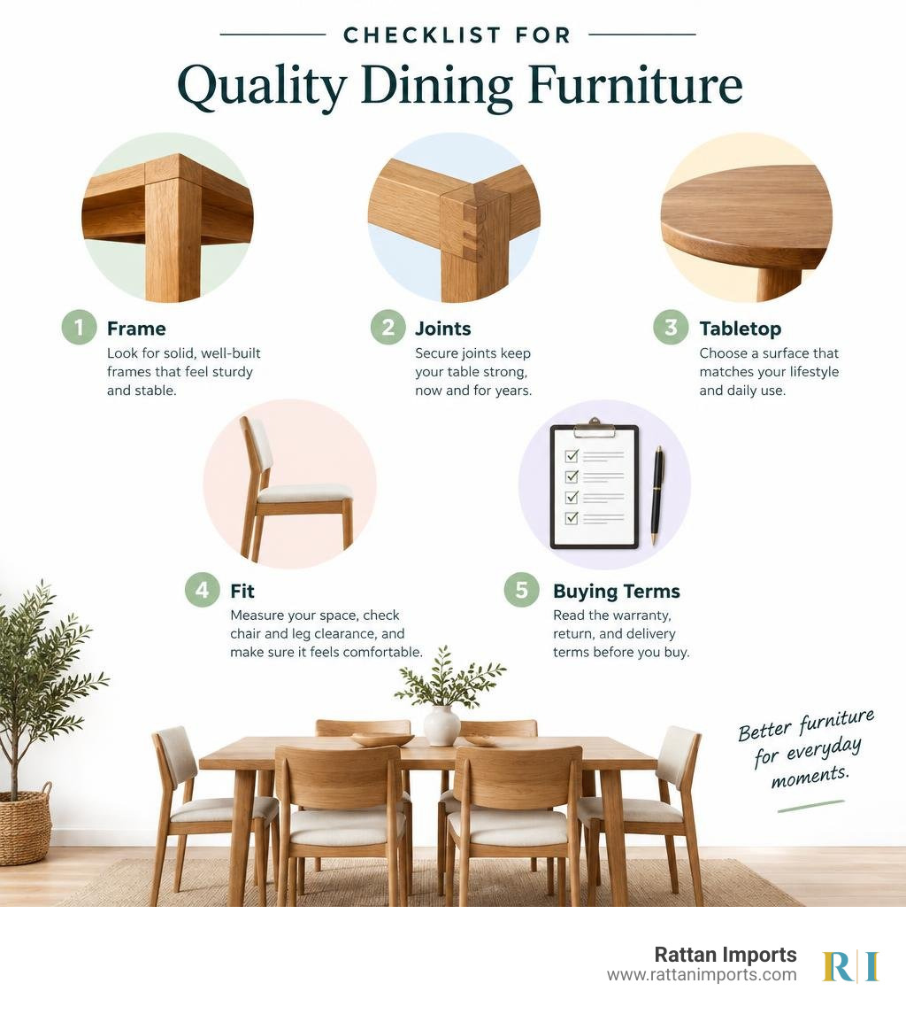 Checklist for quality dining furniture: frame, joints, tabletop, fit, and buying terms infographic Checklist for quality dining furniture: frame, joints, tabletop, fit, and buying terms infographic