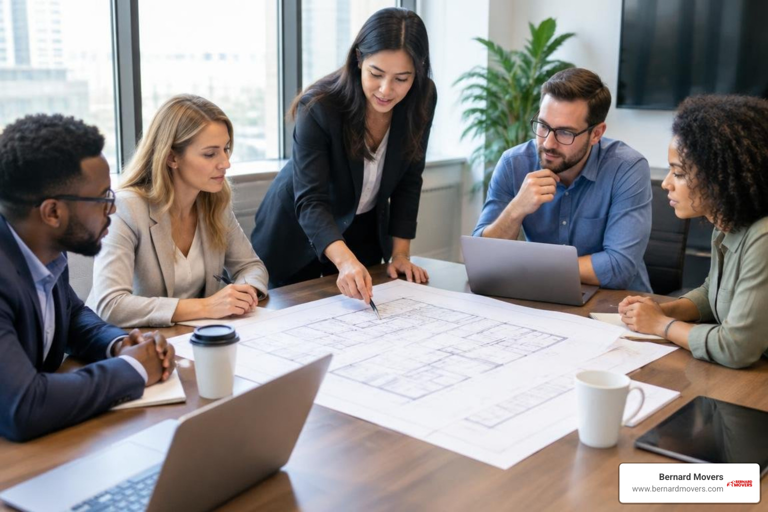 commercial move committee reviewing office floor plans