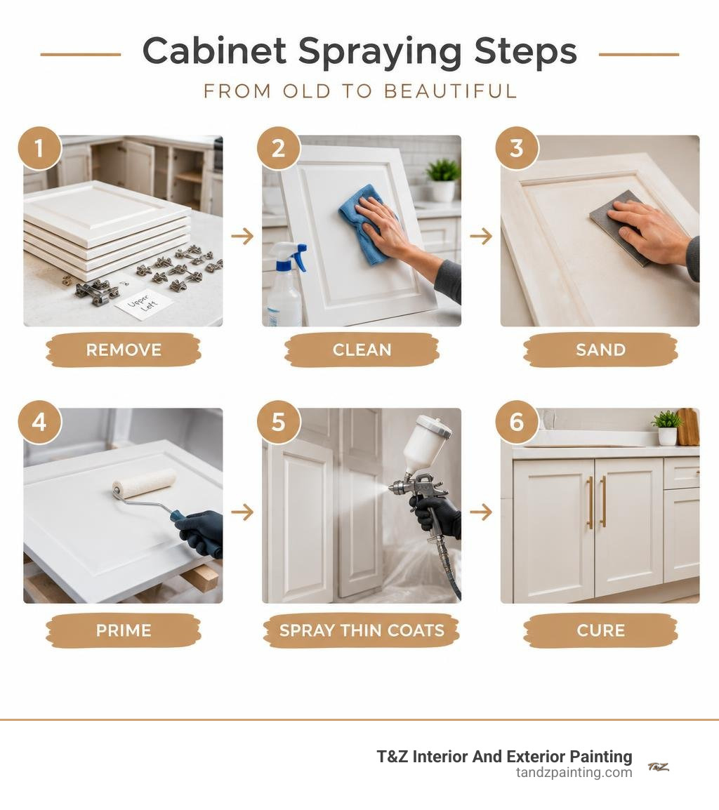 Cabinet spraying steps: remove, clean, sand, prime, spray thin coats, and cure infographic Cabinet spraying steps: remove, clean, sand, prime, spray thin coats, and cure infographic