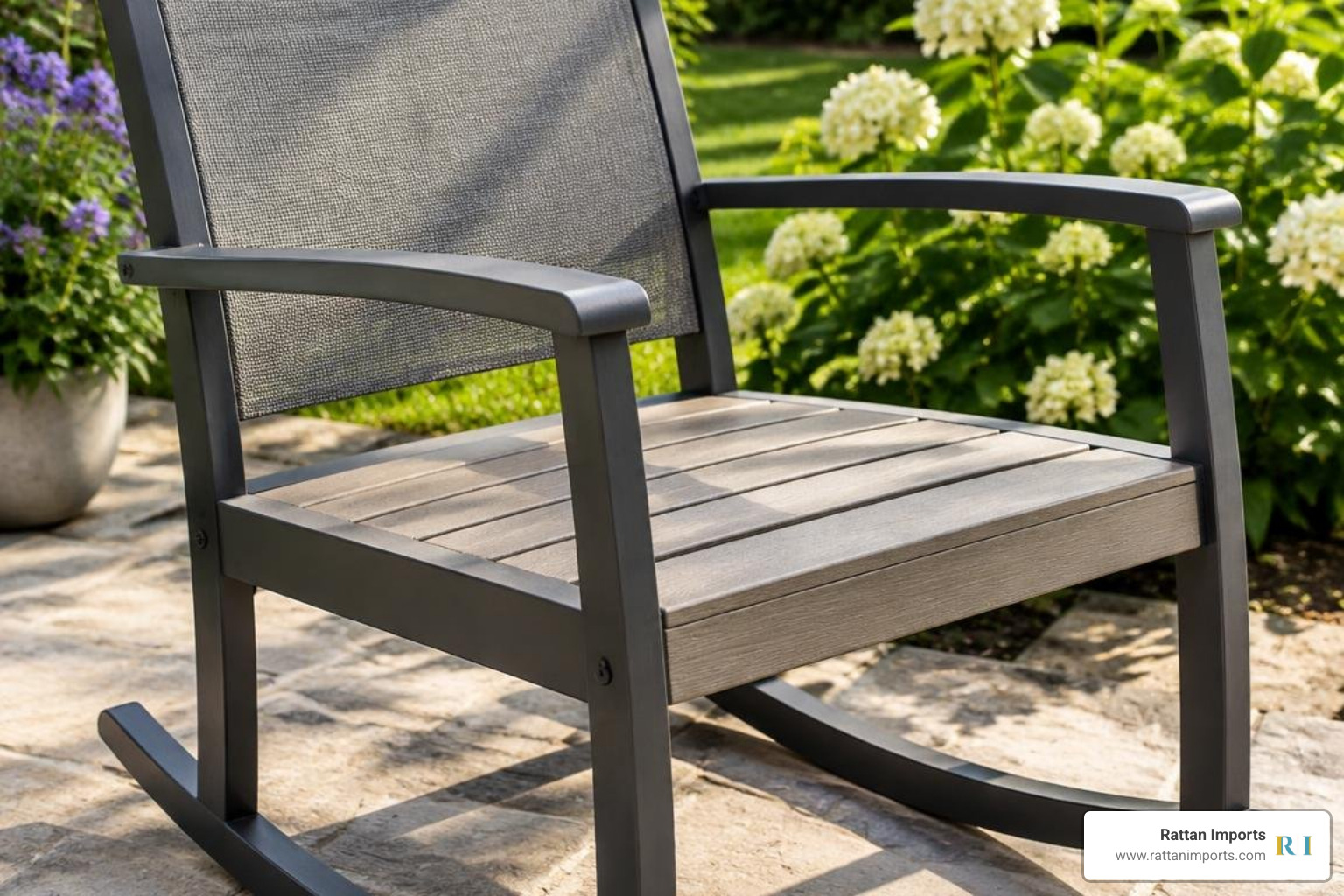 Weather-resistant outdoor rocking chair materials including HDPE lumber, Textilene mesh, and powder-coated metal