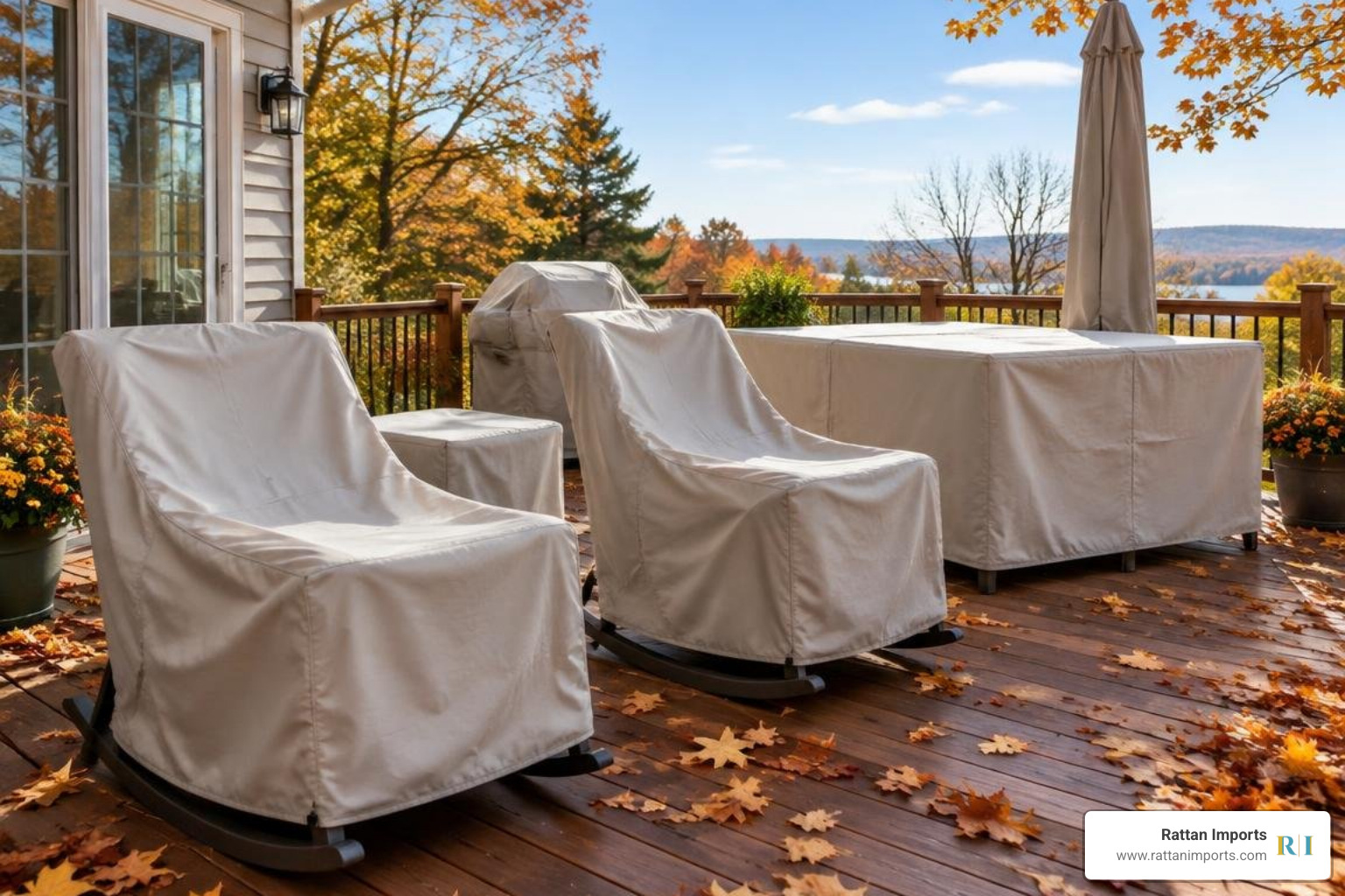 Seasonal patio furniture storage setup with protective outdoor covers
