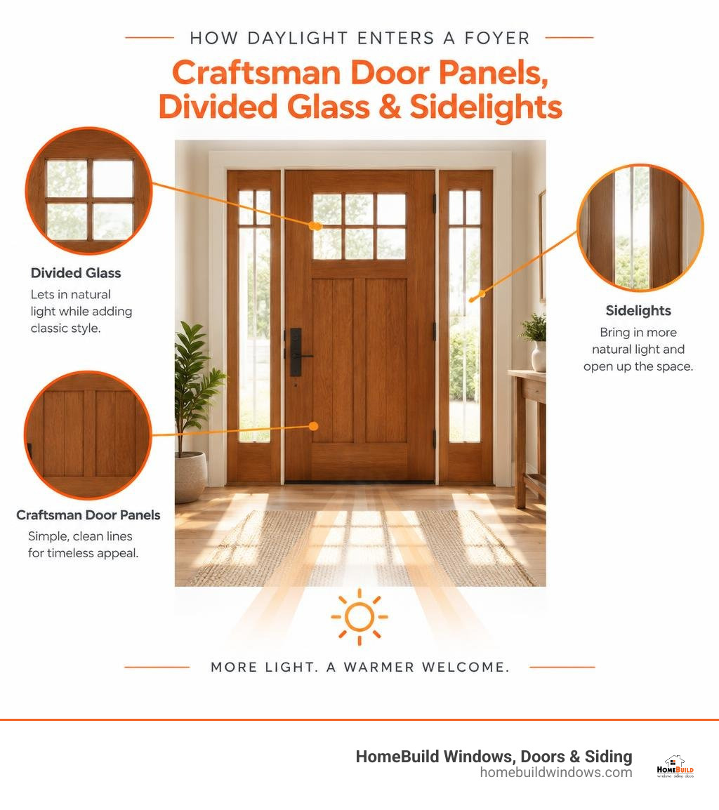 Craftsman door panels, divided glass, and sidelights showing how daylight enters a foyer infographic